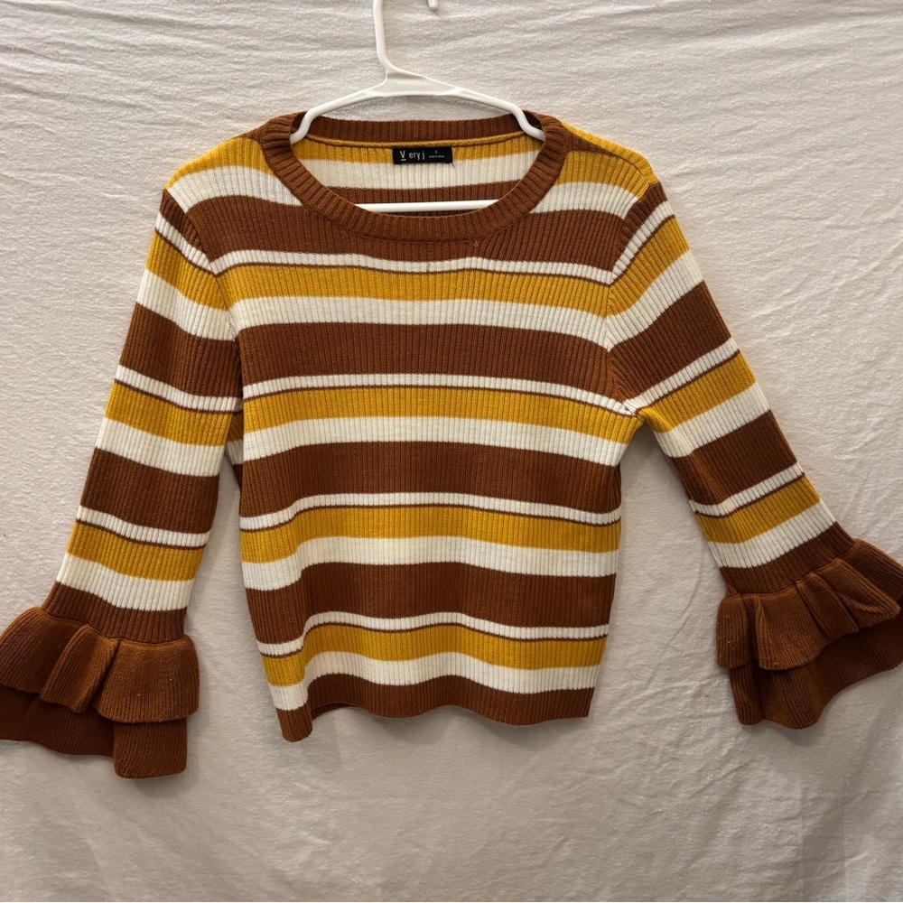 Vintage Retro Striped Brown Yellow White Sweater Ruffle Sleeve Size Small Women